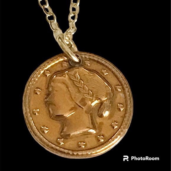 Vintage French Italian Coin Charm Necklace Gold Plated Wire France Italy Lady - Picture 2 of 9